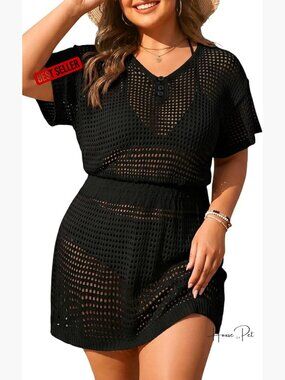 Plus Size Crochet Swimwear Cover Up Short Sleeve Beach Dress